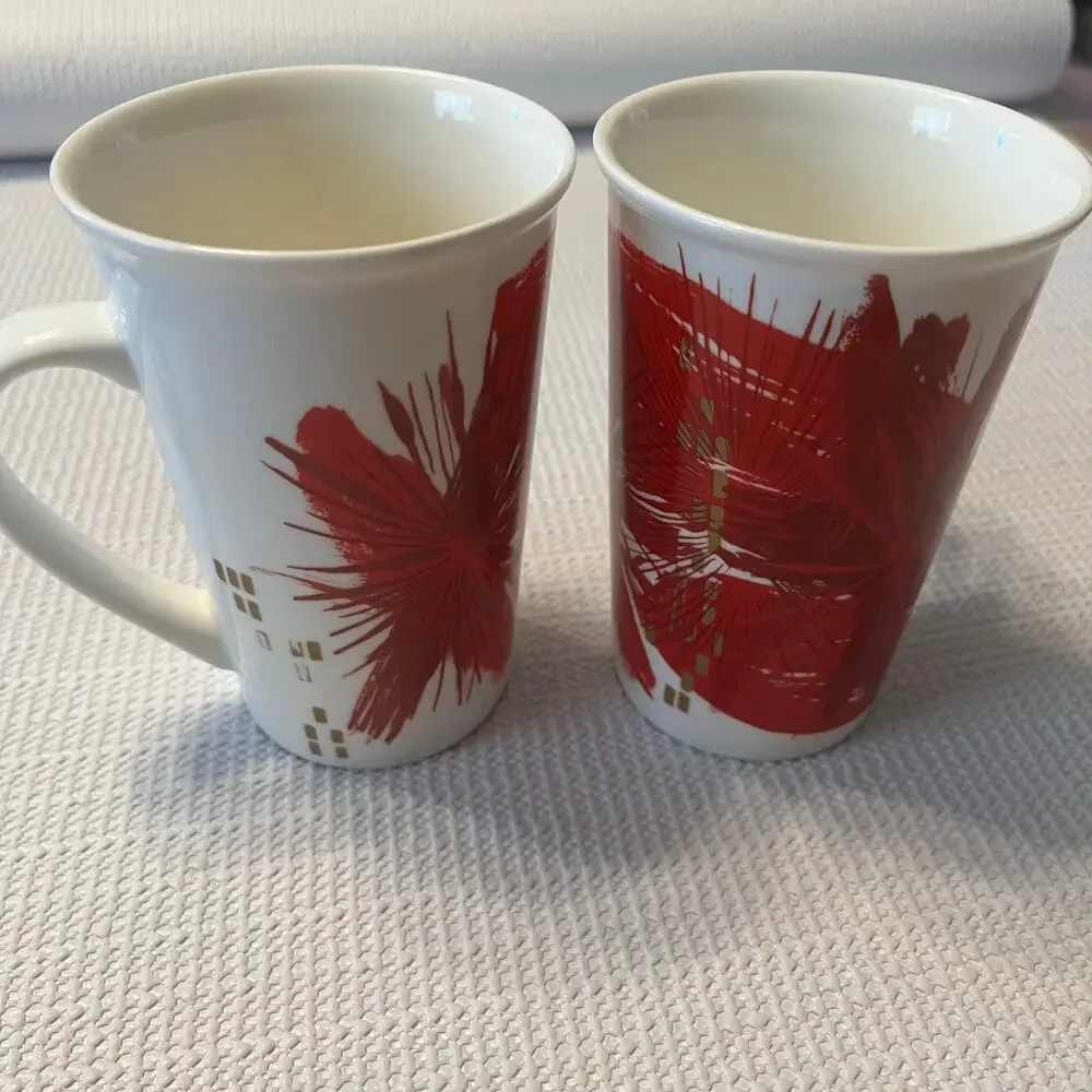 Lot of 2 Starbucks coffee company abstract red floral print mugs year 2014 12 oz